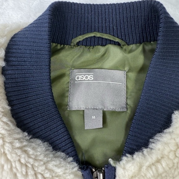 Asos Bomber Jacket Mens Medium Green Sherpa Puffer Full Zip Warm Y2K Hiking - Picture 5 of 12